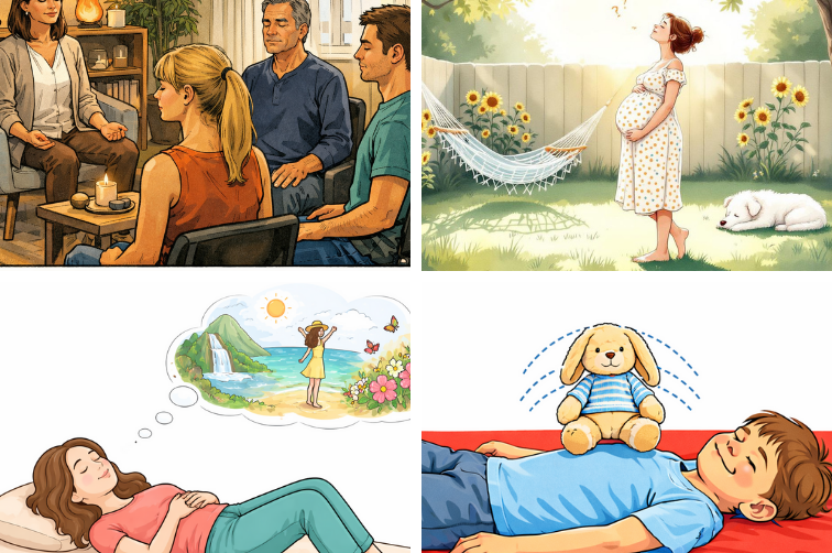 Illustration de différentes séances Groupe de quatre photos faites par IA, illustrant différentes séances du texte ci contre.